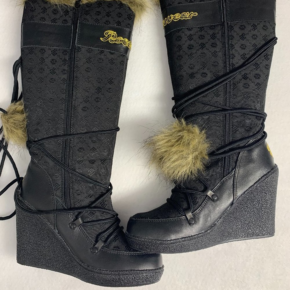 Rocawear Black Signature Wedge Zipper Boot Fur Trim Women's Size 7.5 M